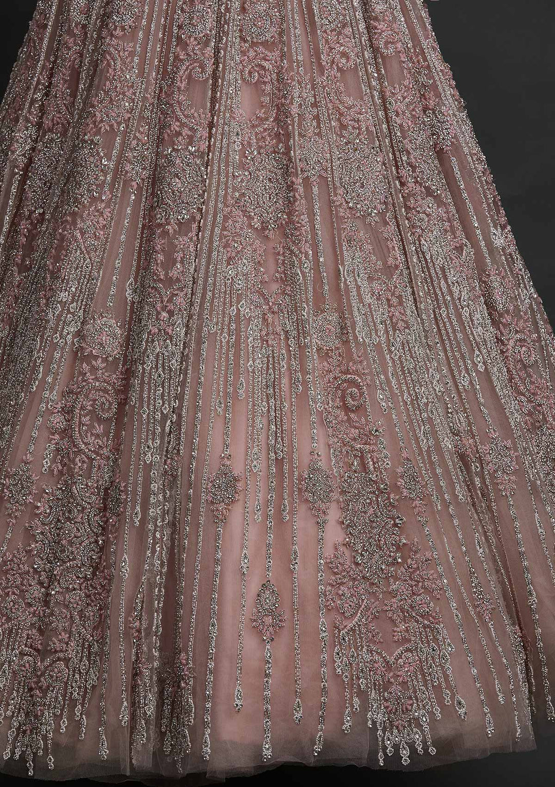 Onion Pink Silver Stonework Net Designer Lehenga - koskii