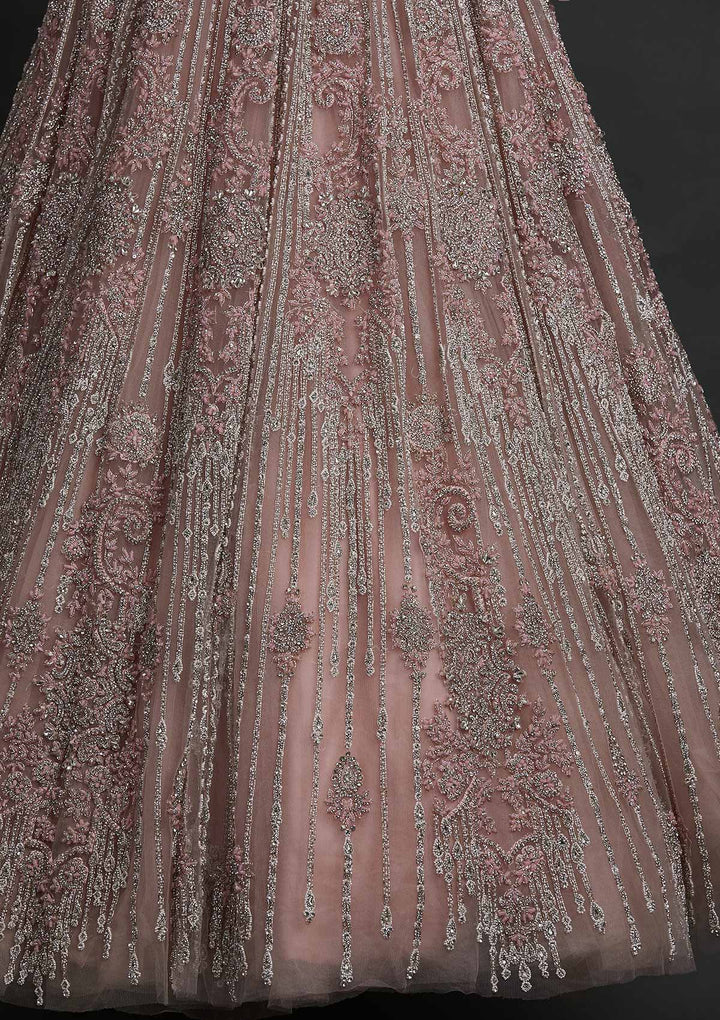 Onion Pink Silver Stonework Net Designer Lehenga - koskii