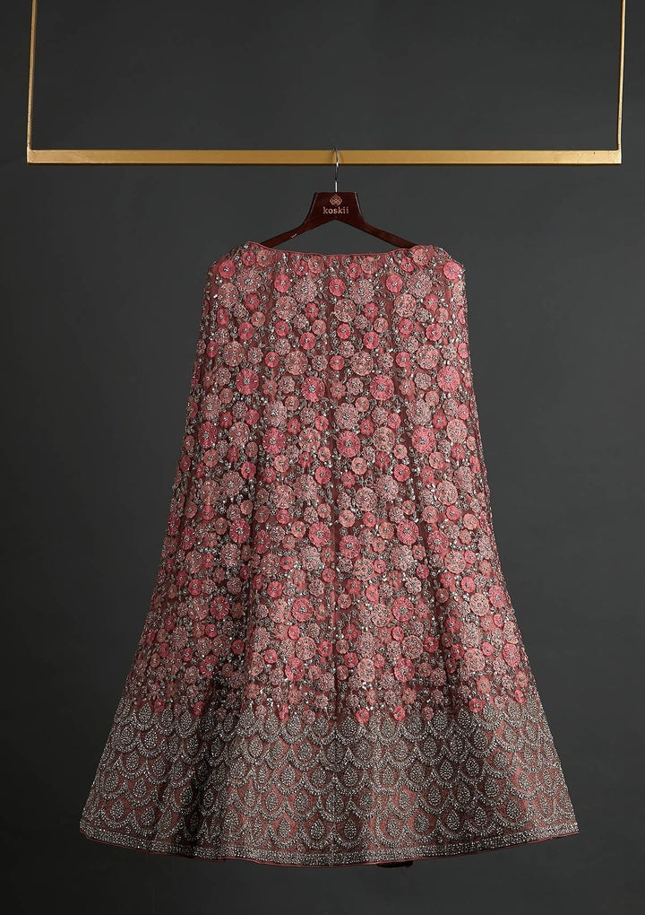 Onion Pink Silver Stonework Net Designer Semi-Stitched Lehenga - koskii