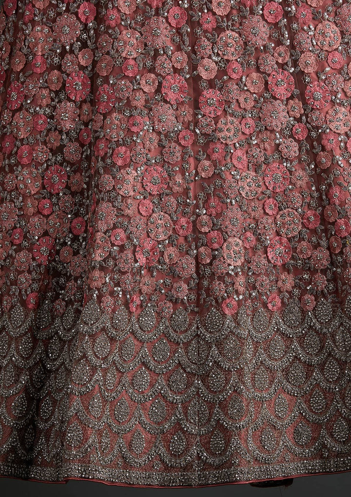 Onion Pink Silver Stonework Net Designer Semi-Stitched Lehenga - koskii