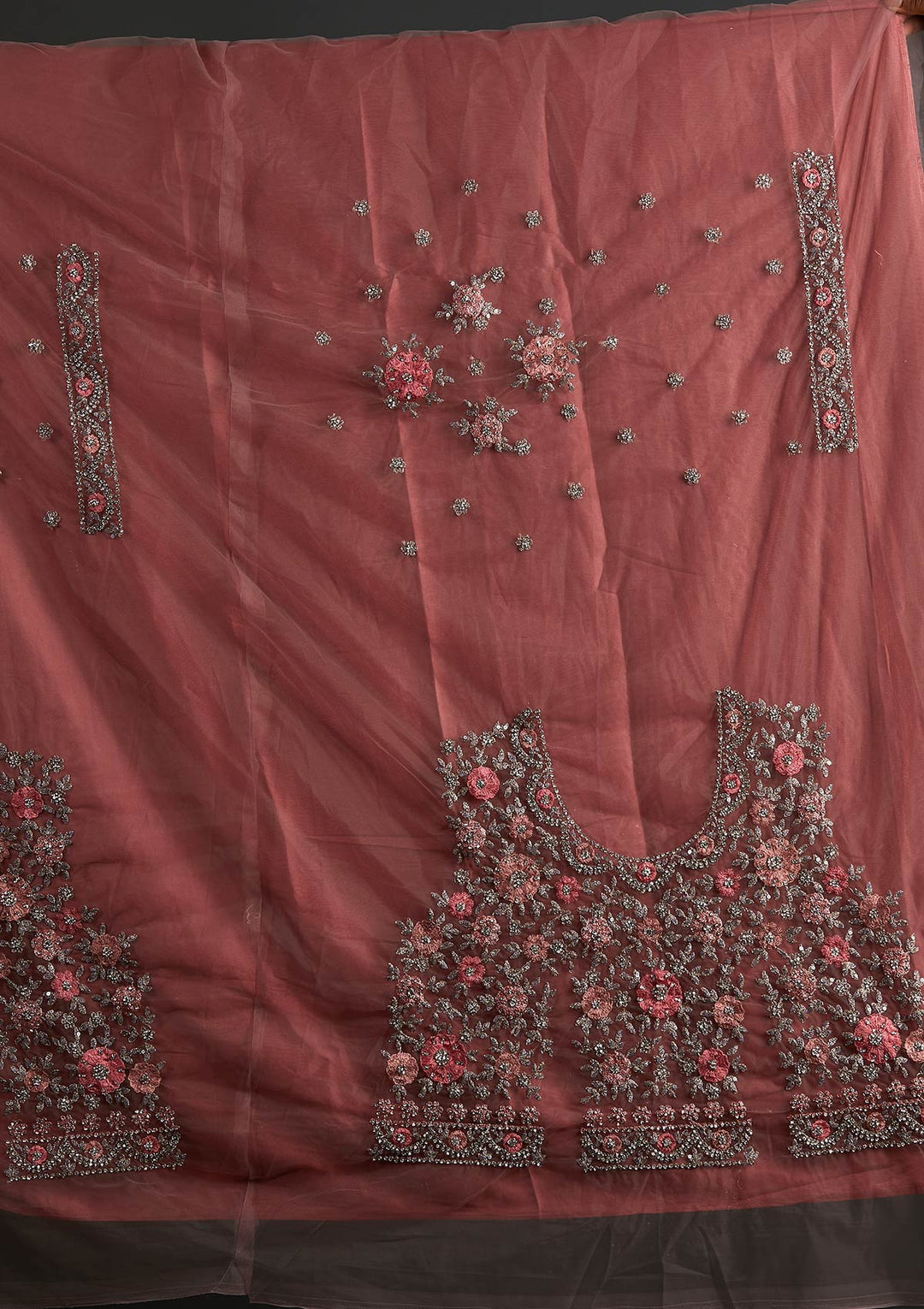 Onion Pink Silver Stonework Net Designer Semi-Stitched Lehenga - koskii