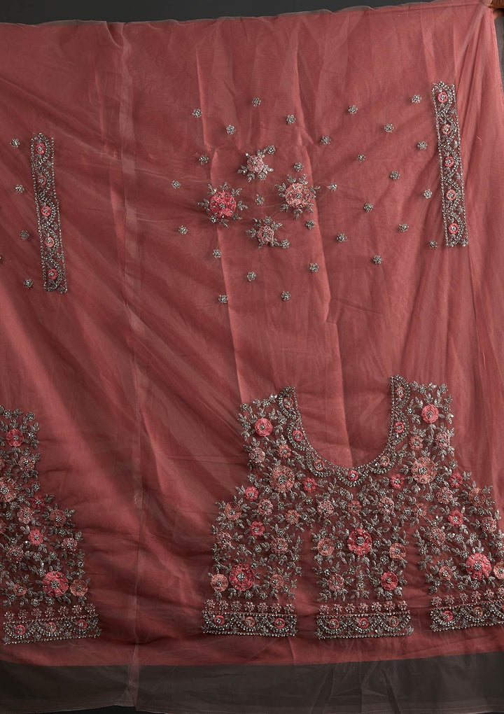 Onion Pink Silver Stonework Net Designer Semi-Stitched Lehenga - koskii