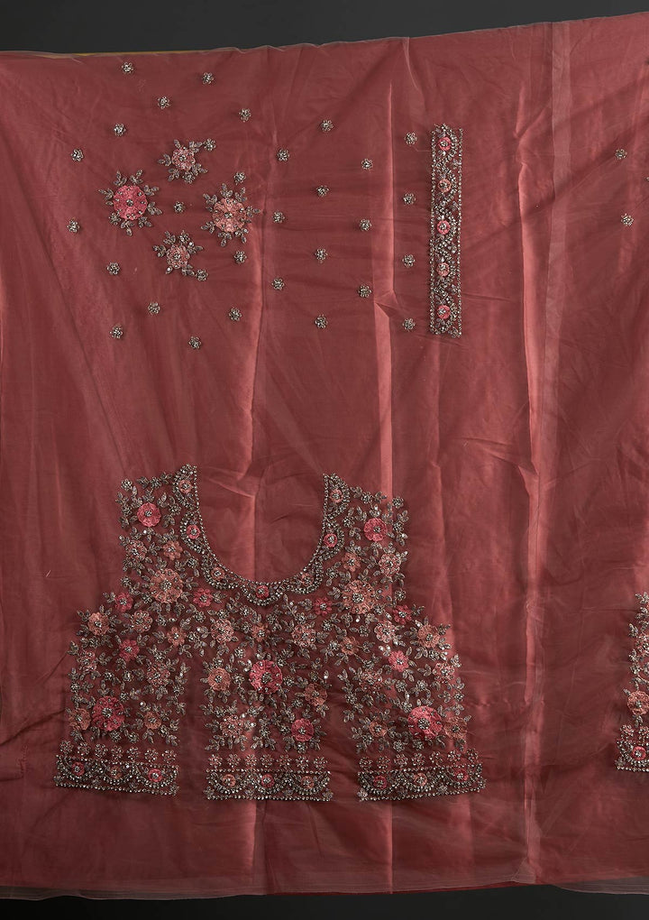 Onion Pink Silver Stonework Net Designer Semi-Stitched Lehenga - koskii