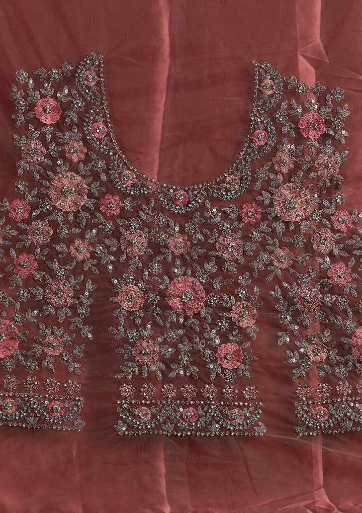 Onion Pink Silver Stonework Net Designer Semi-Stitched Lehenga - koskii