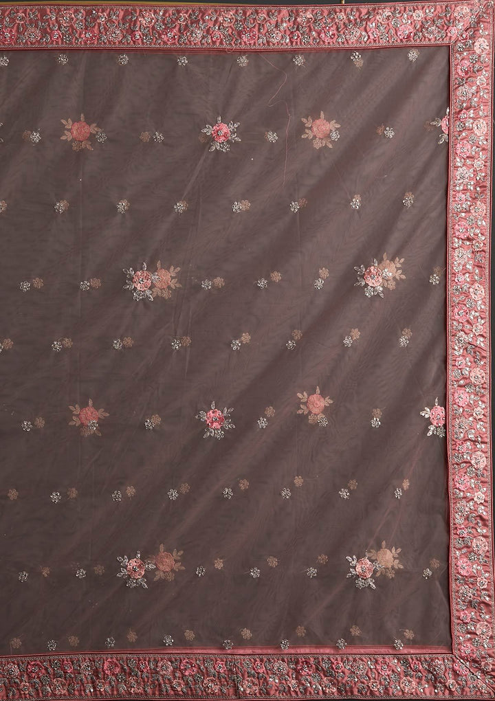 Onion Pink Silver Stonework Net Designer Semi-Stitched Lehenga - koskii