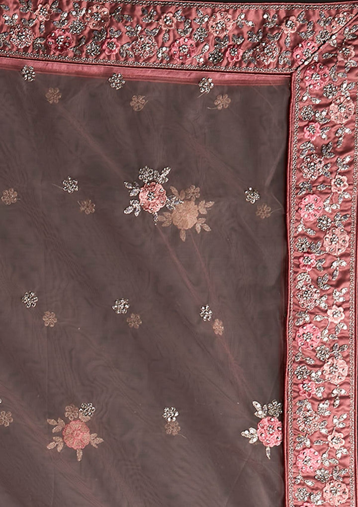 Onion Pink Silver Stonework Net Designer Semi-Stitched Lehenga - koskii