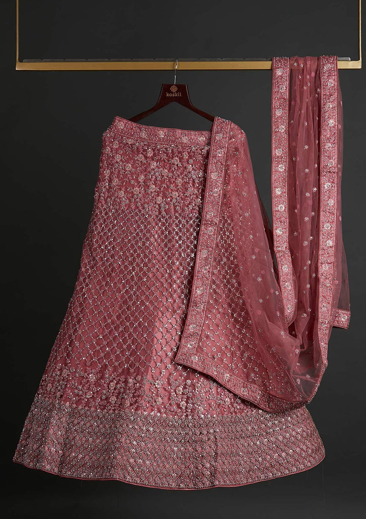 Onion Pink Silver Stonework Net Designer Semi-Stitched Lehenga - koskii