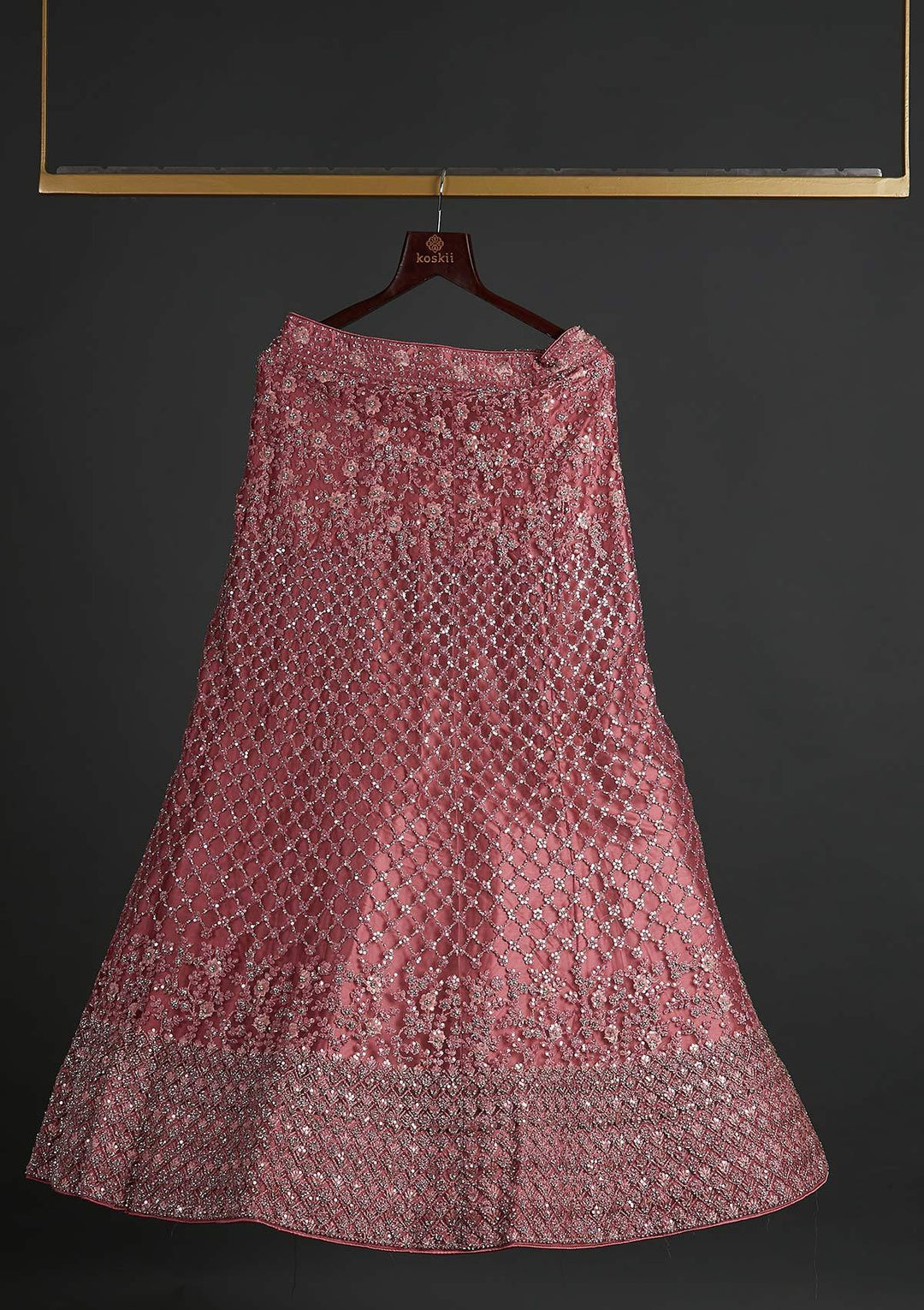 Onion Pink Silver Stonework Net Designer Semi-Stitched Lehenga - koskii