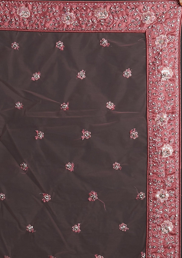 Onion Pink Silver Stonework Net Designer Semi-Stitched Lehenga - koskii