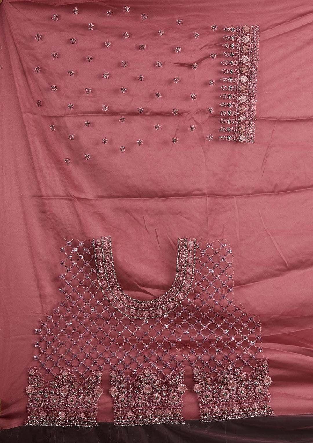 Onion Pink Silver Stonework Net Designer Semi-Stitched Lehenga - koskii