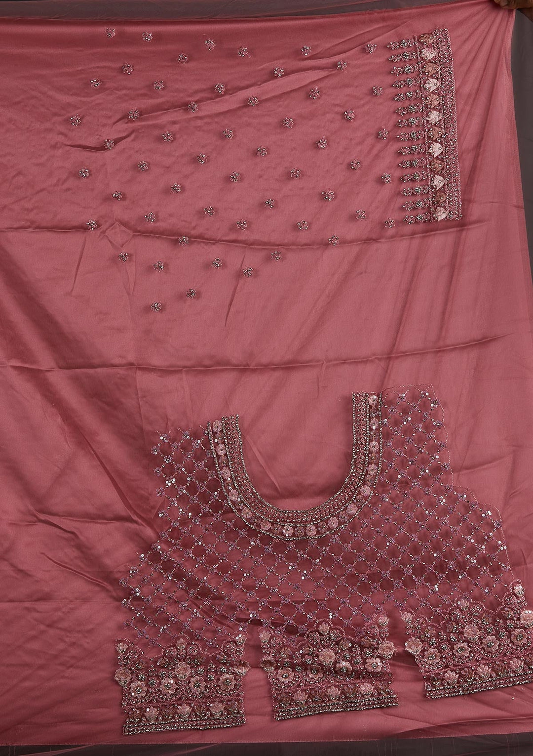 Onion Pink Silver Stonework Net Designer Semi-Stitched Lehenga - koskii