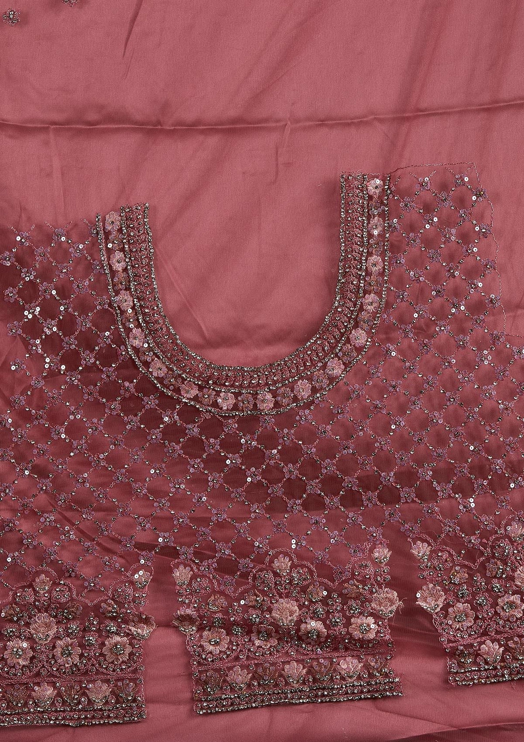 Onion Pink Silver Stonework Net Designer Semi-Stitched Lehenga - koskii