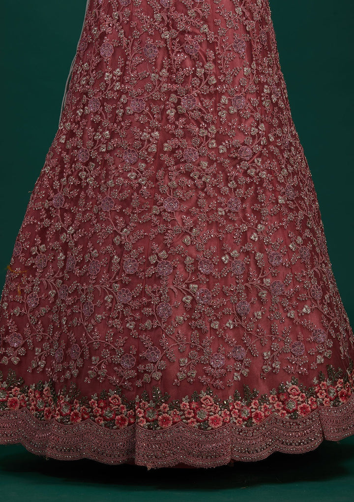 Onion Pink Silver Stonework Net Designer Semi-Stitched Lehenga - Koskii