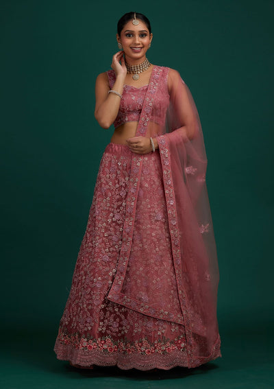 Onion Pink Silver Stonework Net Designer Semi-Stitched Lehenga - Koskii