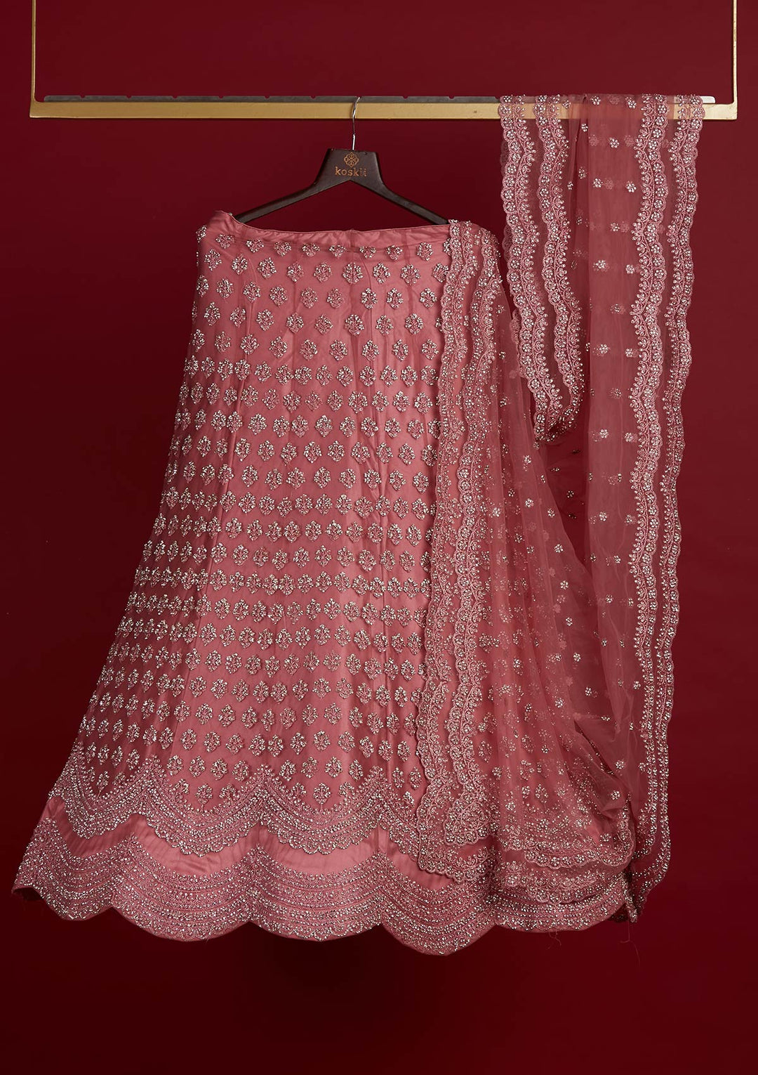 Onion Pink Silver Stonework Net Designer Semi-Stitched Lehenga - Koskii