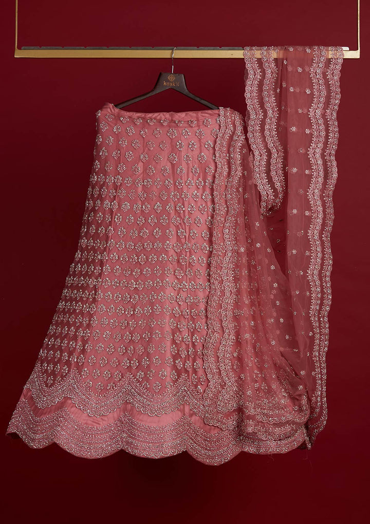 Onion Pink Silver Stonework Net Designer Semi-Stitched Lehenga - Koskii