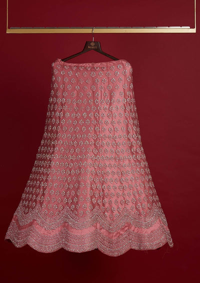 Onion Pink Silver Stonework Net Designer Semi-Stitched Lehenga - Koskii