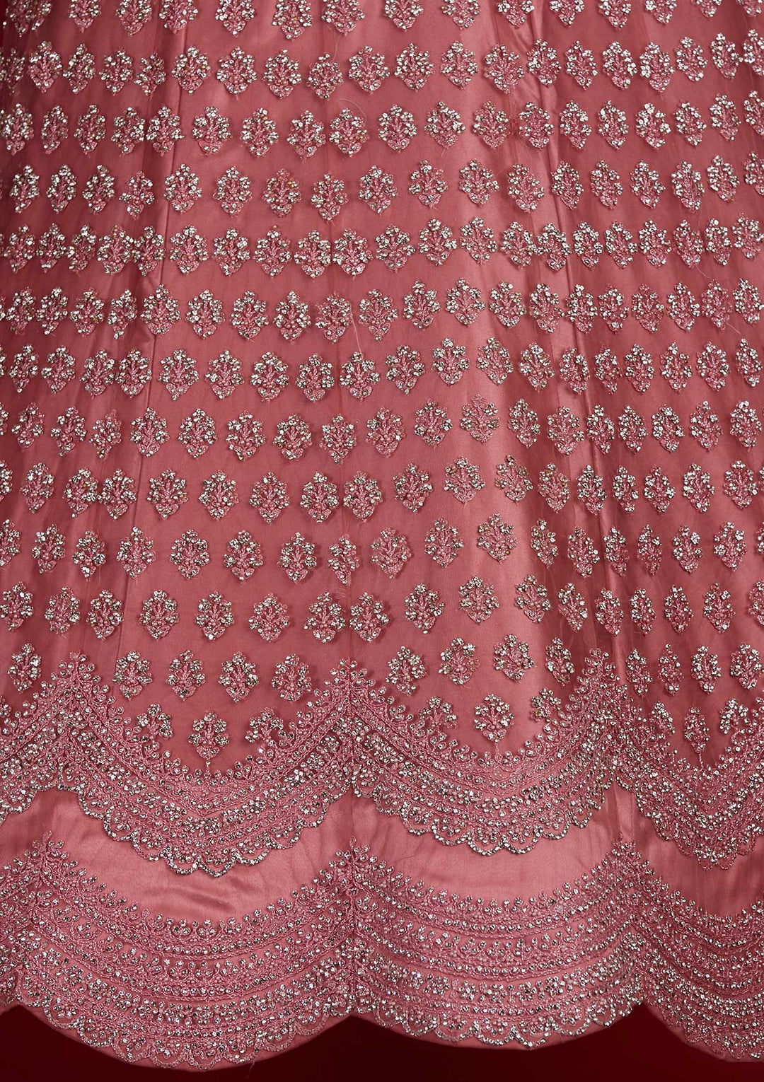 Onion Pink Silver Stonework Net Designer Semi-Stitched Lehenga - Koskii