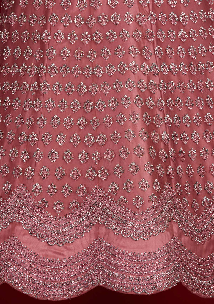 Onion Pink Silver Stonework Net Designer Semi-Stitched Lehenga - Koskii