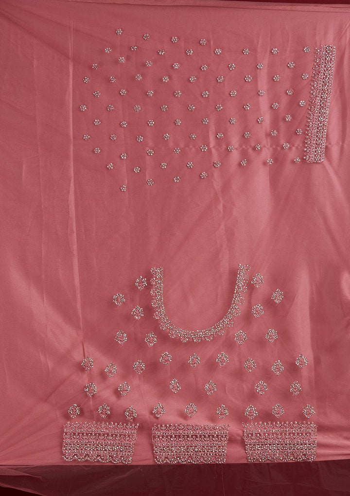 Onion Pink Silver Stonework Net Designer Semi-Stitched Lehenga - Koskii