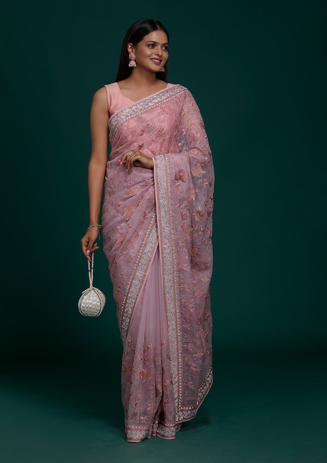 Onion Pink Silver Stonework Tissue Saree - Koskii
