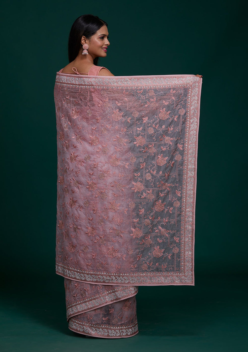 Onion Pink Silver Stonework Tissue Saree - Koskii