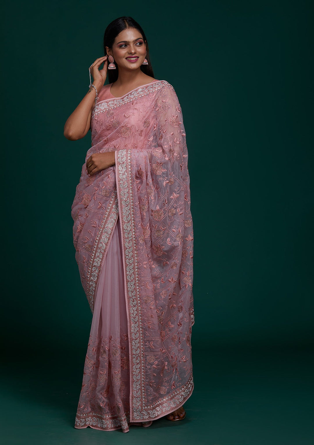 Onion Pink Silver Stonework Tissue Saree - Koskii
