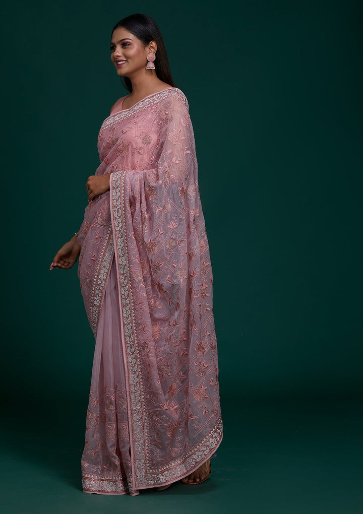 Onion Pink Silver Stonework Tissue Saree - Koskii