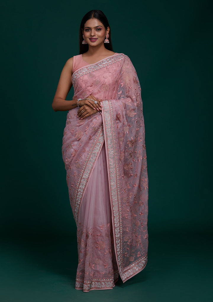 Onion Pink Silver Stonework Tissue Saree - Koskii