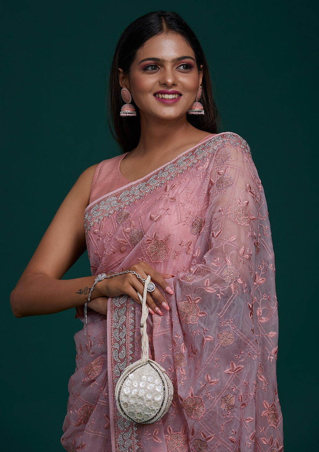 Onion Pink Silver Stonework Tissue Saree - Koskii