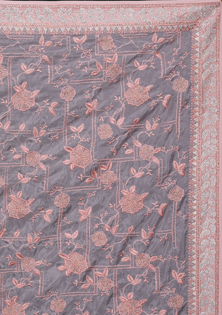 Onion Pink Silver Stonework Tissue Saree - Koskii