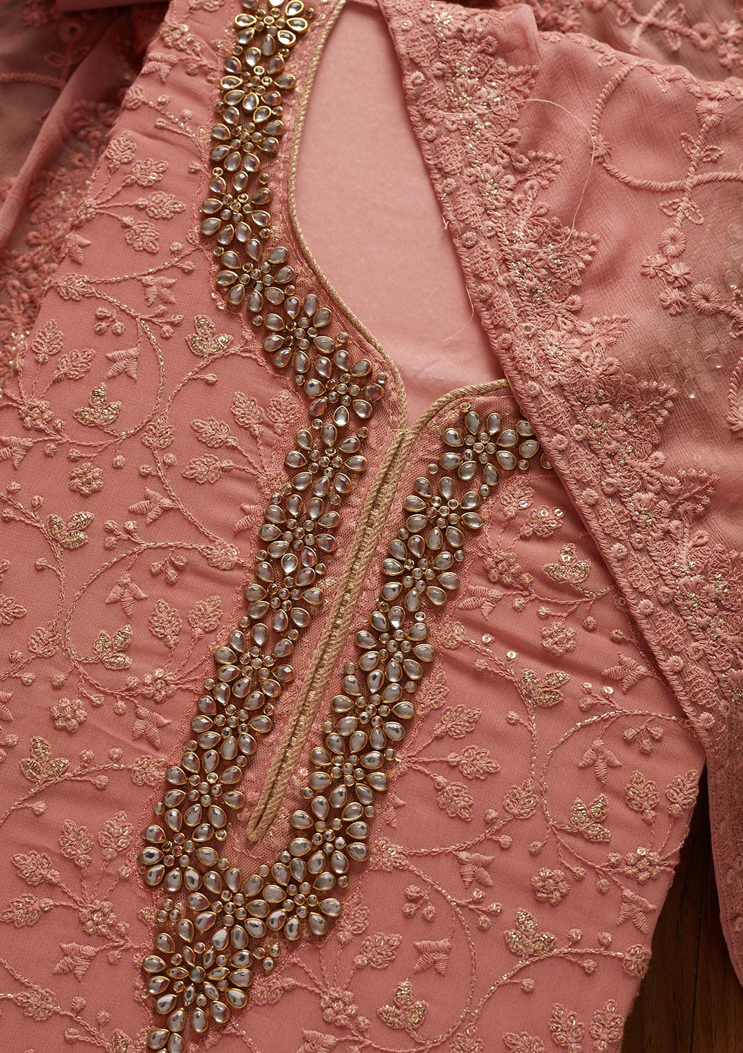 Onion Pink Stonework Georgette Designer Unstitched Salwar Suit - koskii