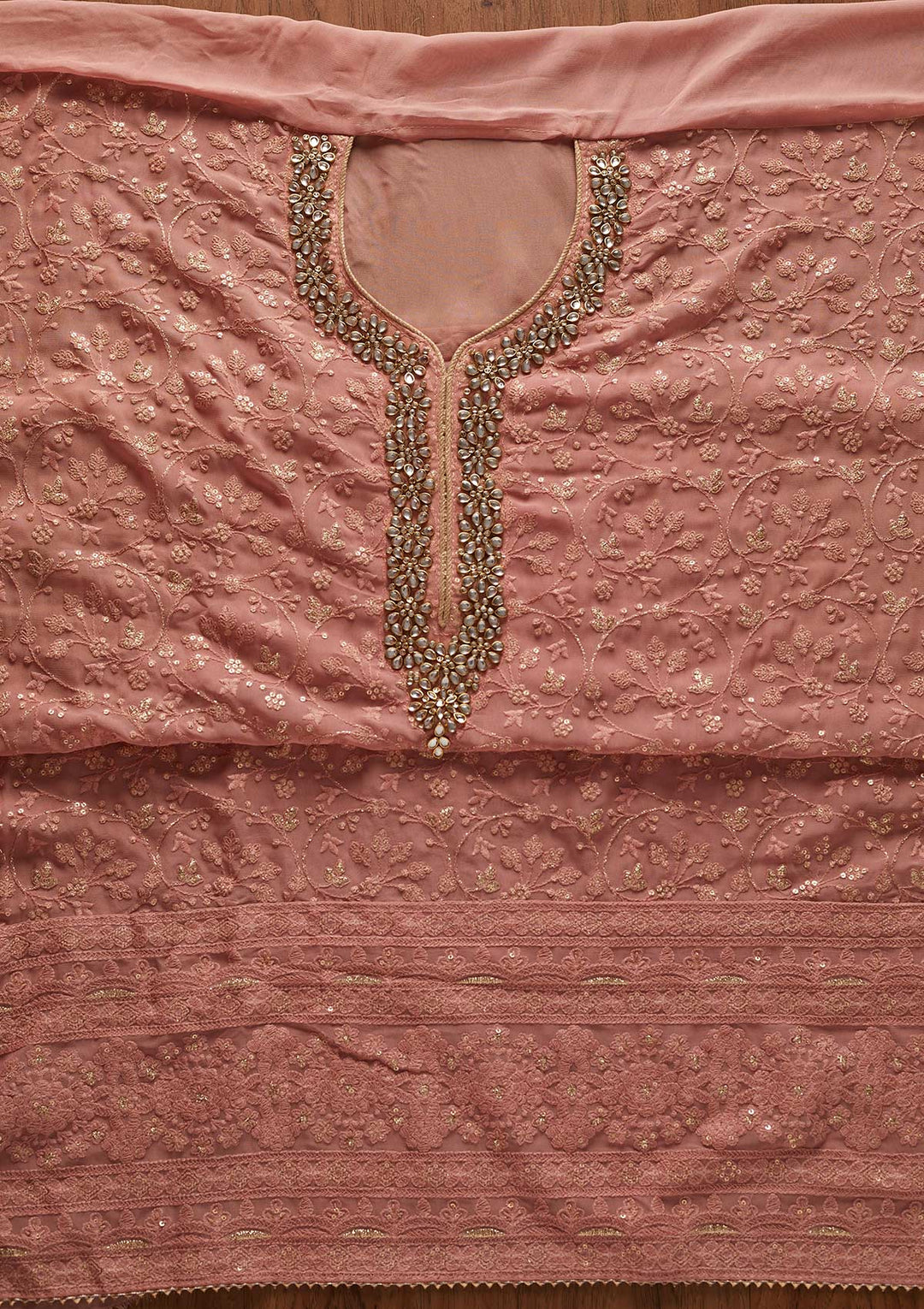 Onion Pink Stonework Georgette Designer Unstitched Salwar Suit - koskii
