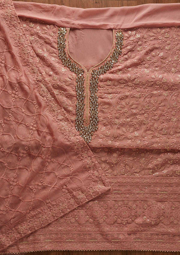 Onion Pink Stonework Georgette Designer Unstitched Salwar Suit - koskii