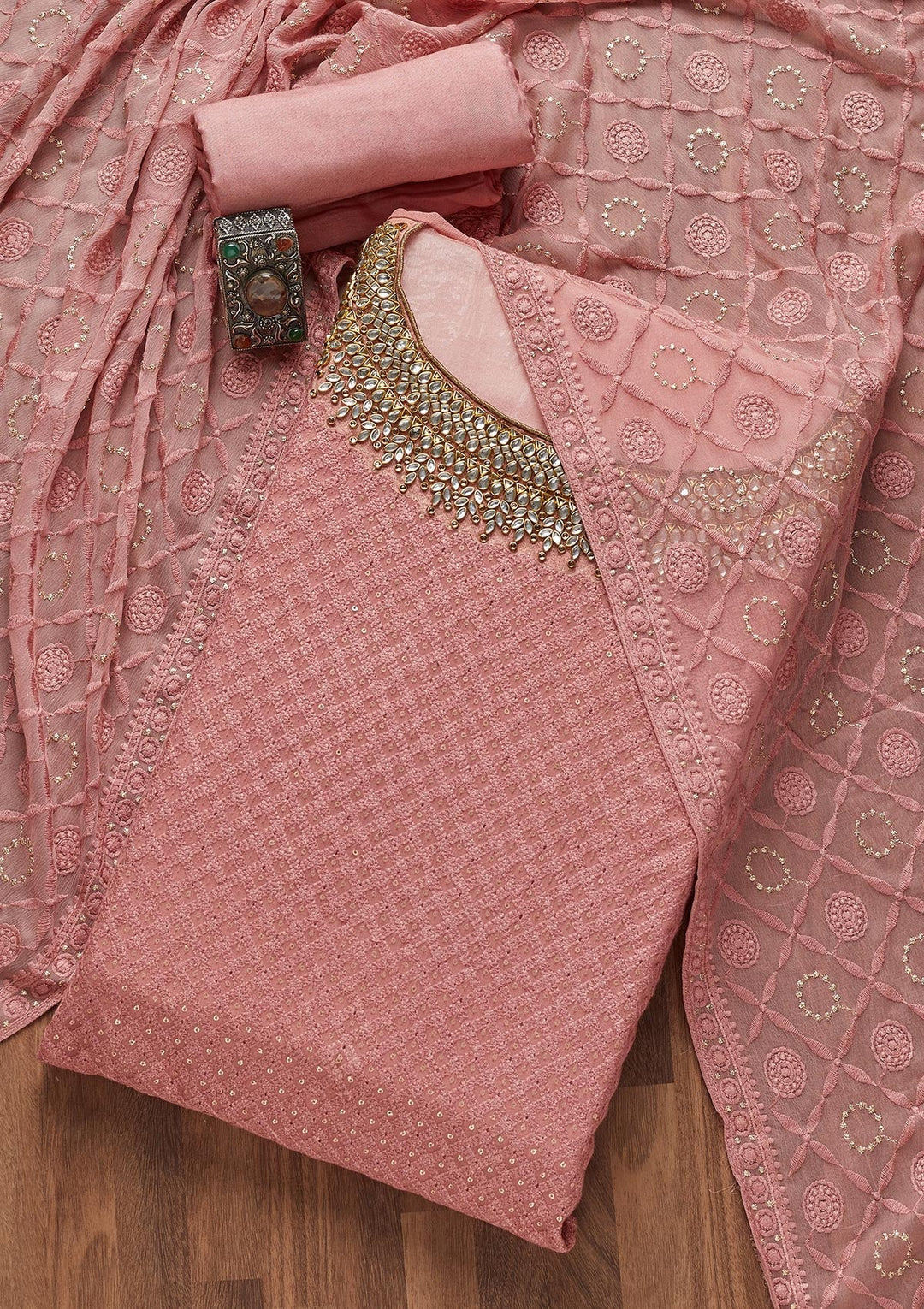 Onion Pink Stonework Georgette Unstitched Salwar Suit- Koskii