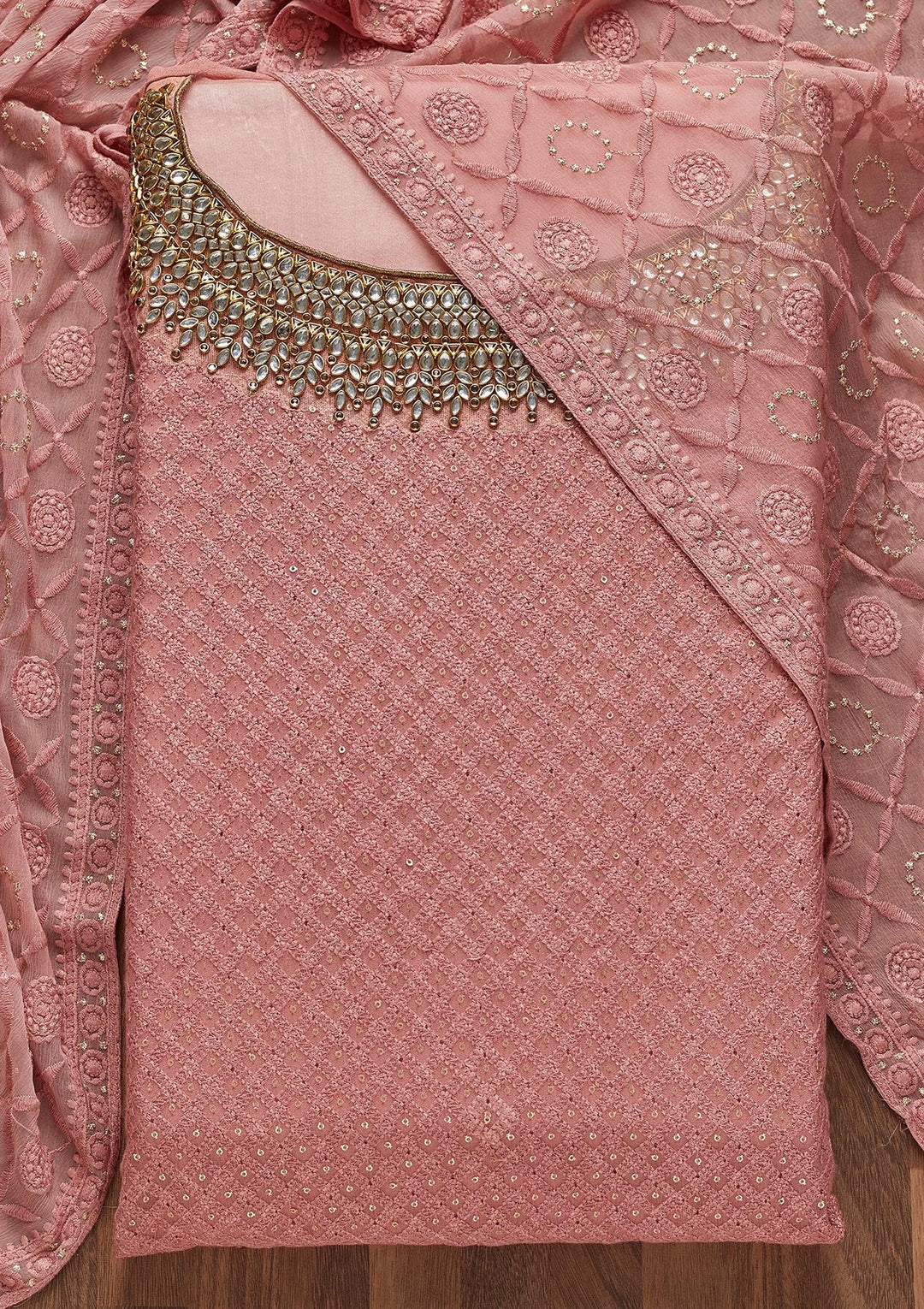 Onion Pink Stonework Georgette Unstitched Salwar Suit - Koskii