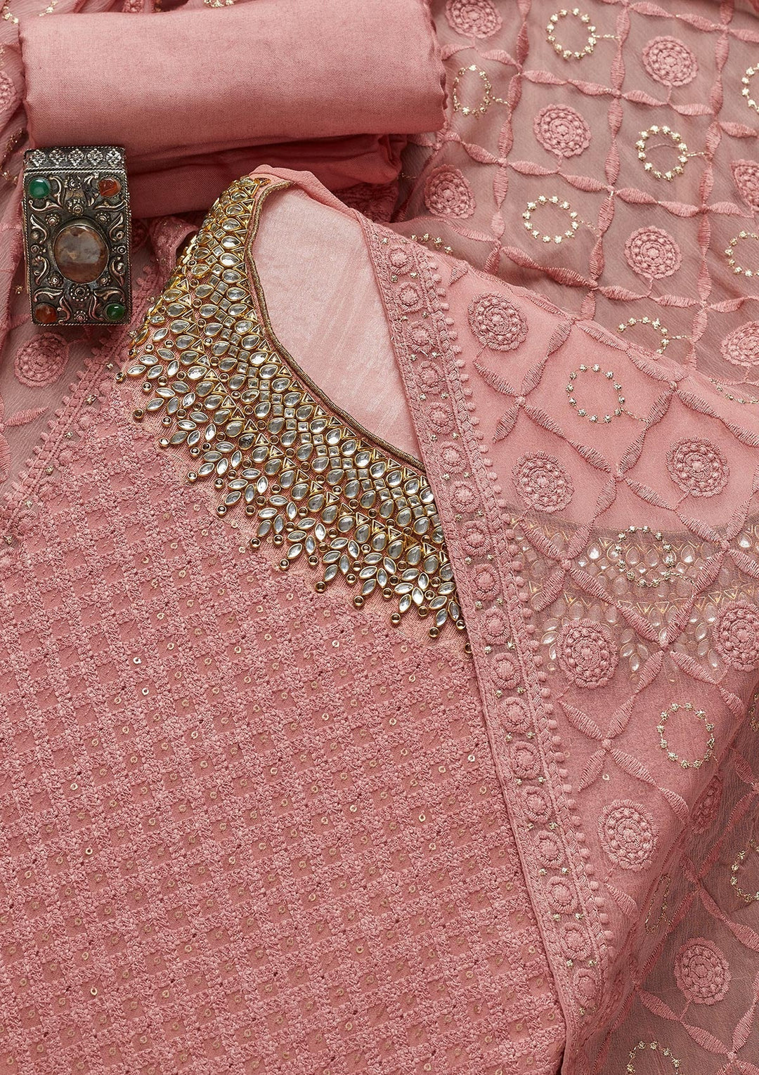 Onion Pink Stonework Georgette Unstitched Salwar Suit - Koskii