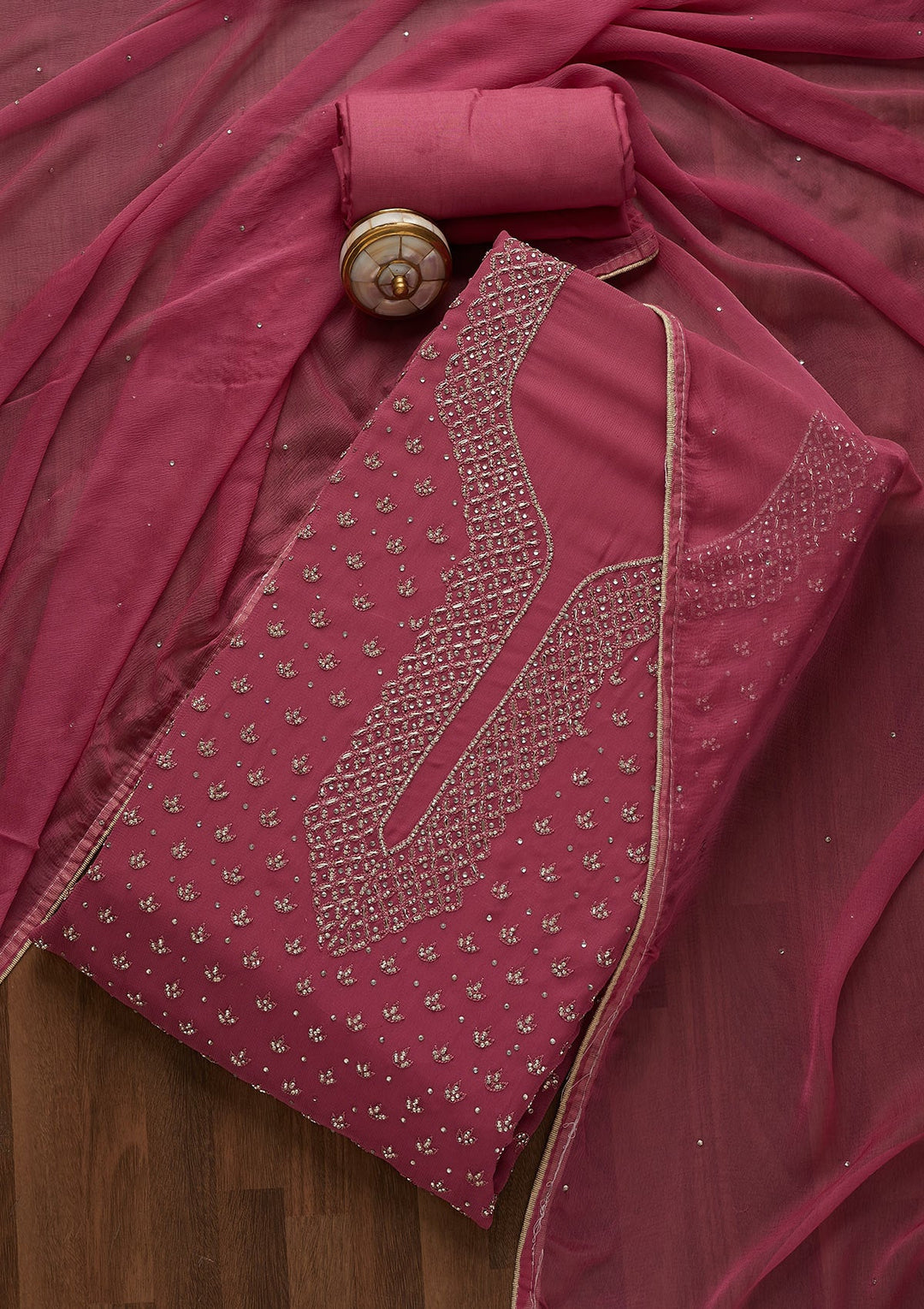 Onion Pink Stonework Georgette Unstitched Salwar Suit-Koskii