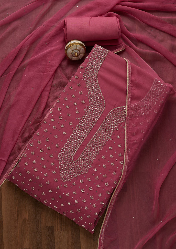 Onion Pink Stonework Georgette Unstitched Salwar Suit-Koskii