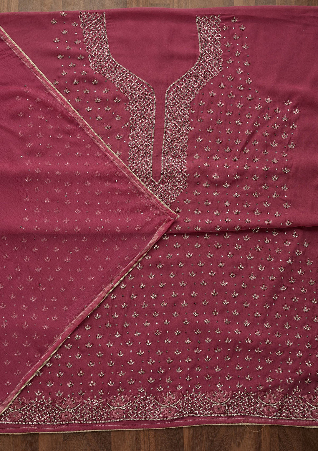 Onion Pink Stonework Georgette Unstitched Salwar Suit-Koskii