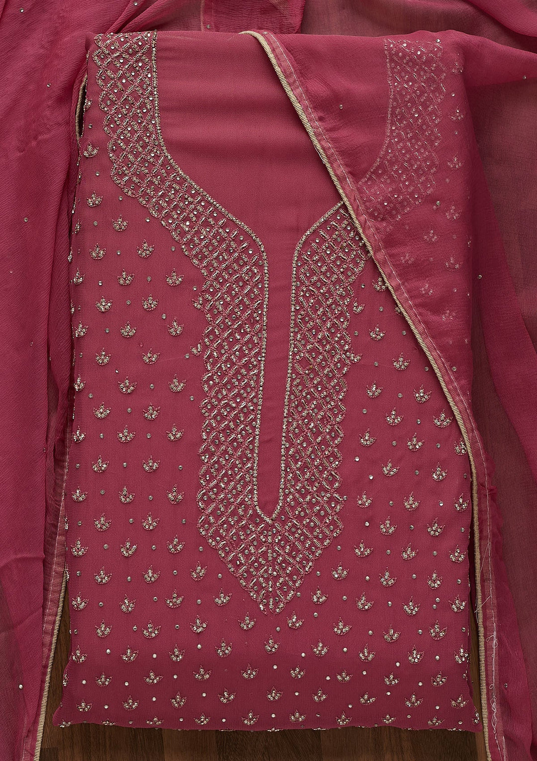Onion Pink Stonework Georgette Unstitched Salwar Suit-Koskii