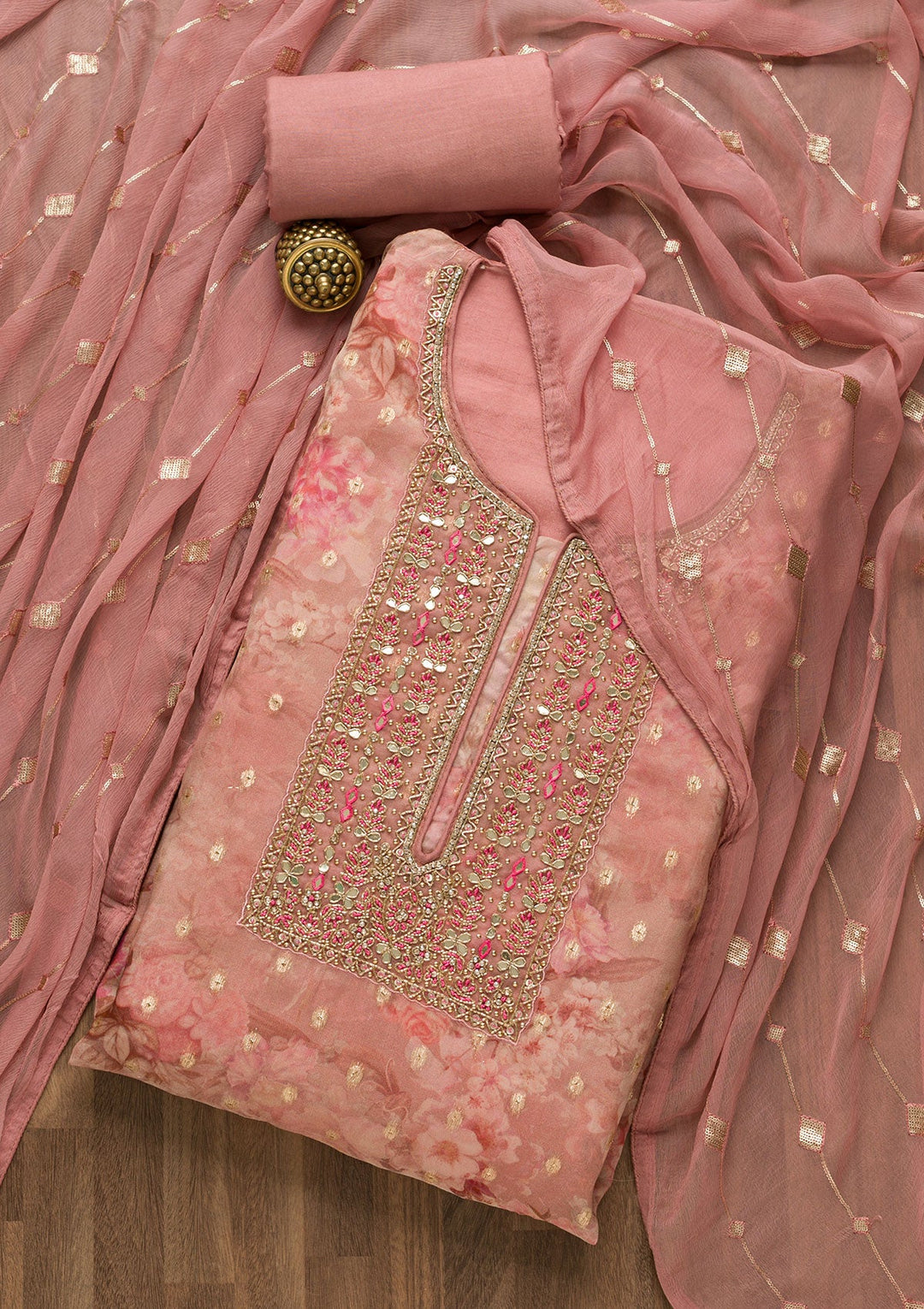 Onion Pink Stonework Georgette Unstitched Salwar Suit-Koskii
