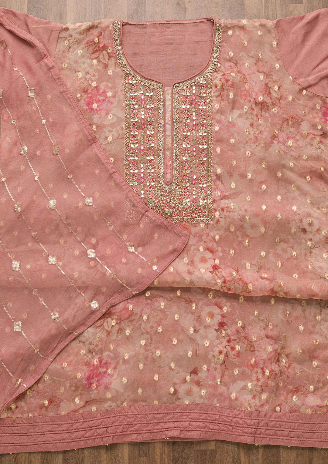 Onion Pink Stonework Georgette Unstitched Salwar Suit-Koskii