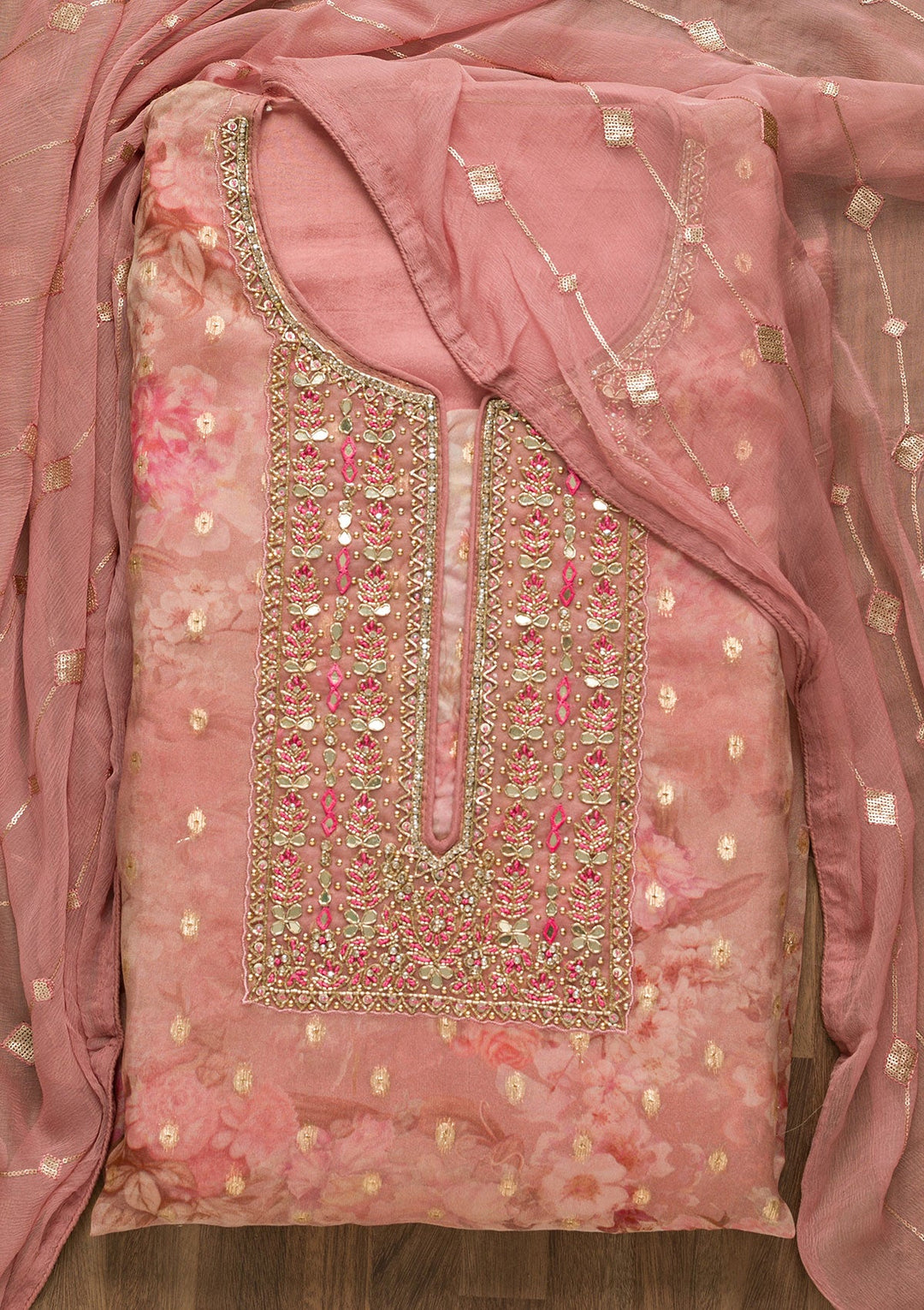 Onion Pink Stonework Georgette Unstitched Salwar Suit-Koskii