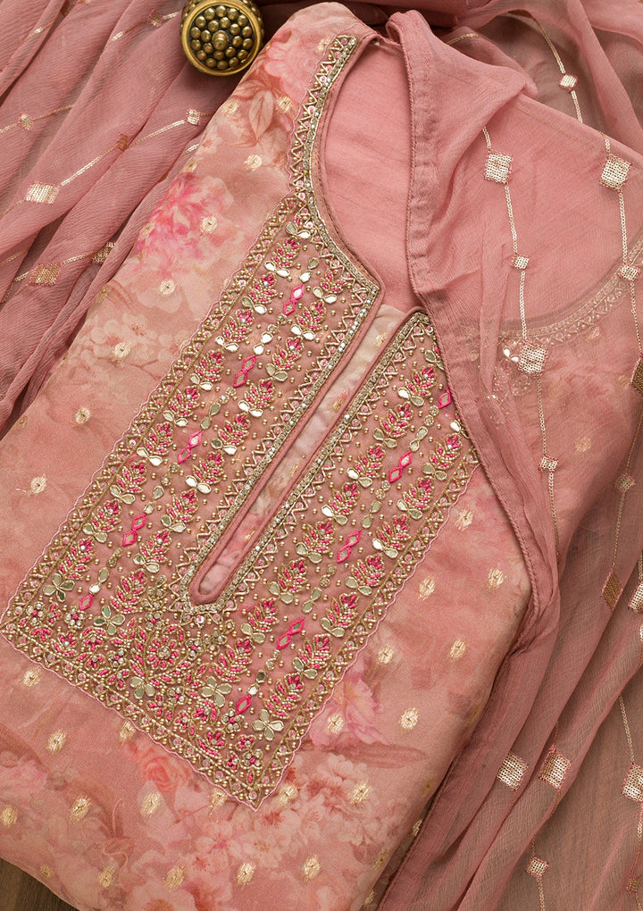 Onion Pink Stonework Georgette Unstitched Salwar Suit-Koskii