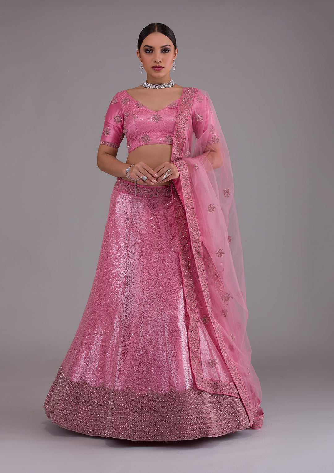 Onion Pink Stonework Net Designer Lehenga-Koskii