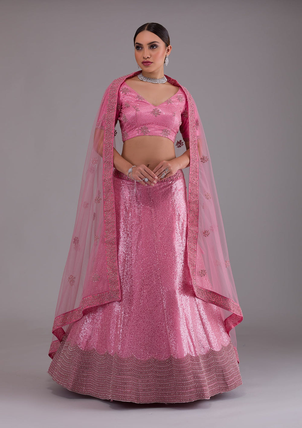 Onion Pink Stonework Net Designer Lehenga-Koskii