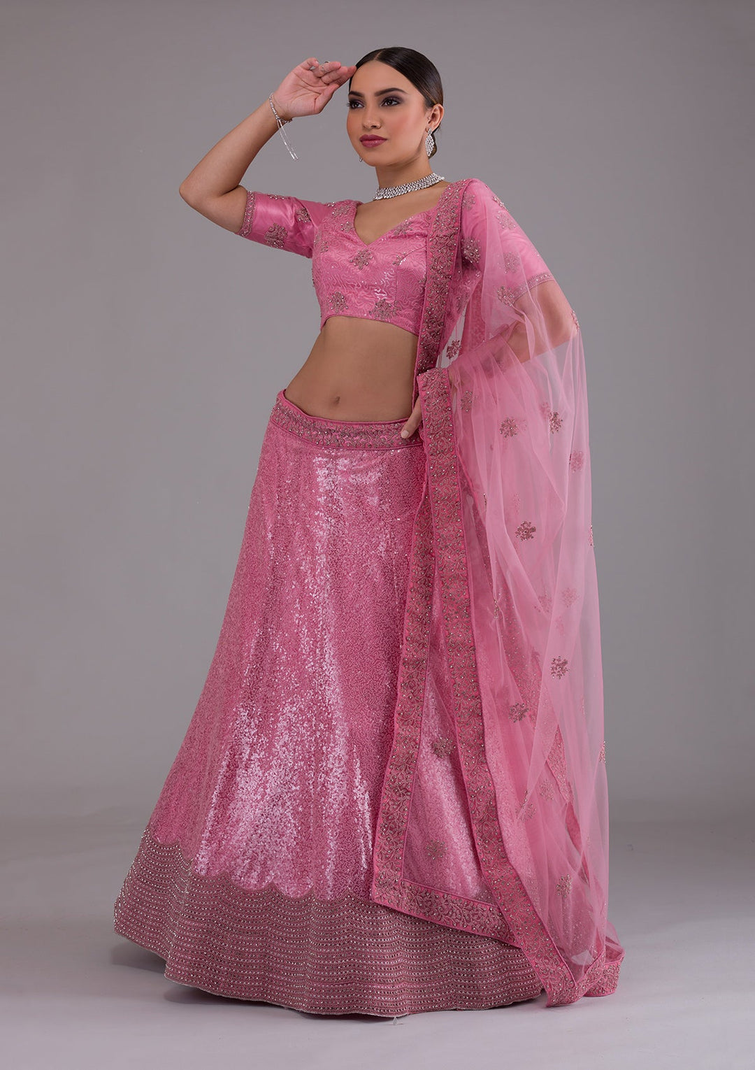 Onion Pink Stonework Net Designer Lehenga-Koskii