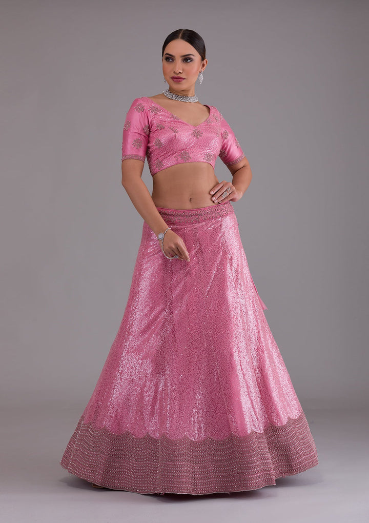 Onion Pink Stonework Net Designer Lehenga-Koskii