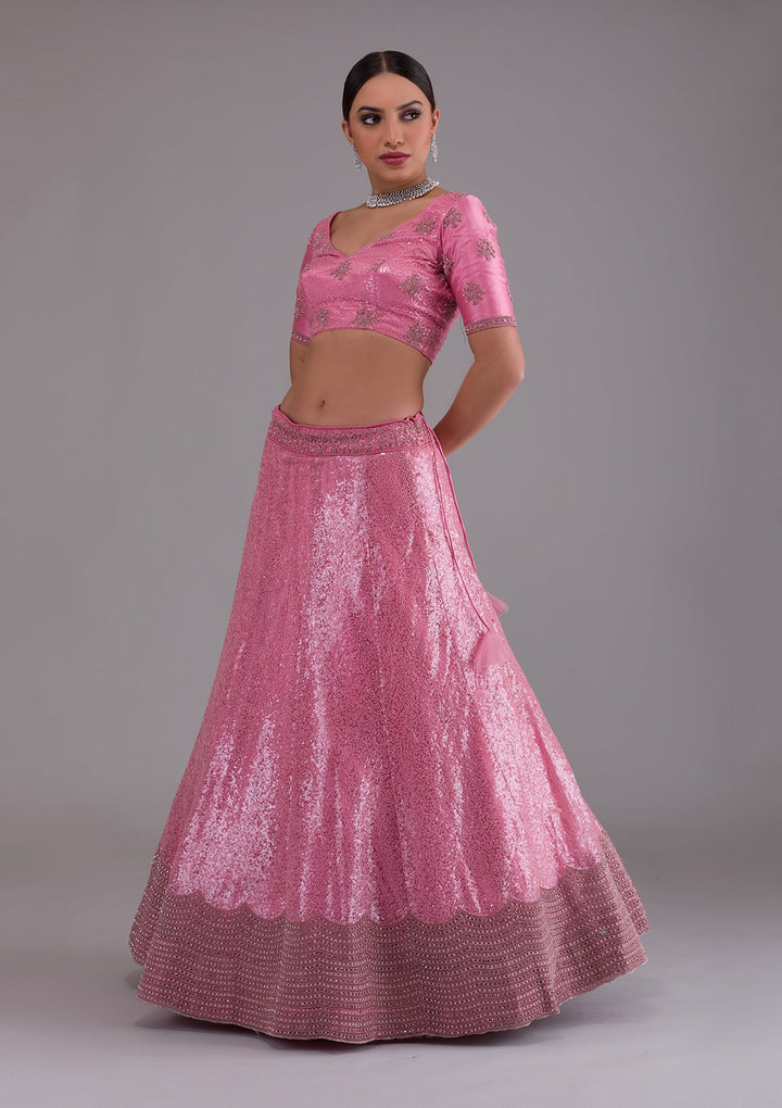 Onion Pink Stonework Net Designer Lehenga-Koskii